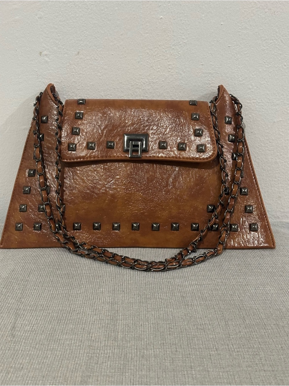 Studded Brown Leather Chain-Handle Shoulder Bag